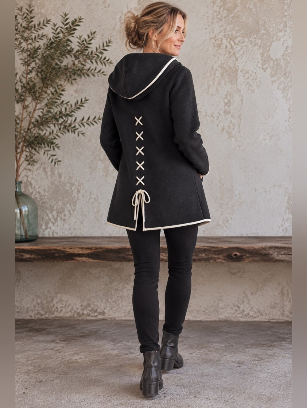 Linea Domani Black White Hooded Cardigan Sweater Coat Minimalist Size M